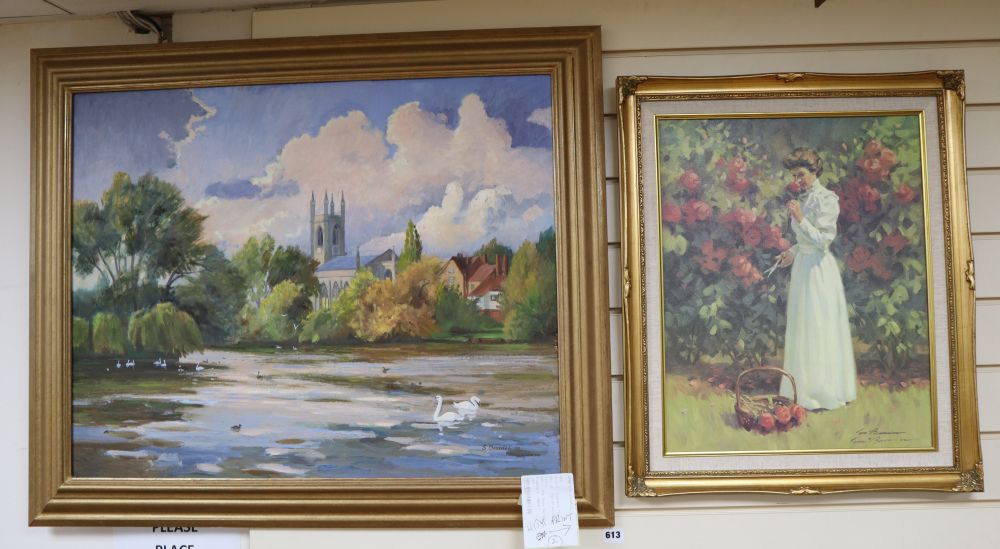 Susan Beaulah, oil on board, Waterside church, signed and dated 93, 60 x 75cm and a colour print by Tom Browning